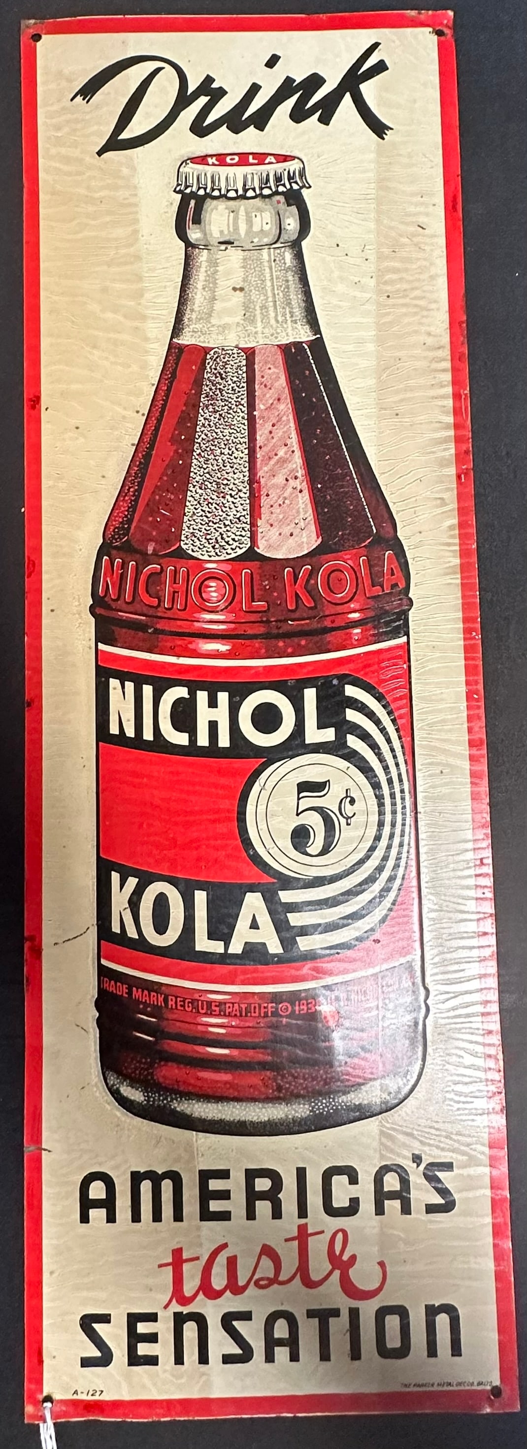 Drink Nichol Kola 5 Cent Embossed Tin Metal Advertising Soda Pop Sign (1 of 6)