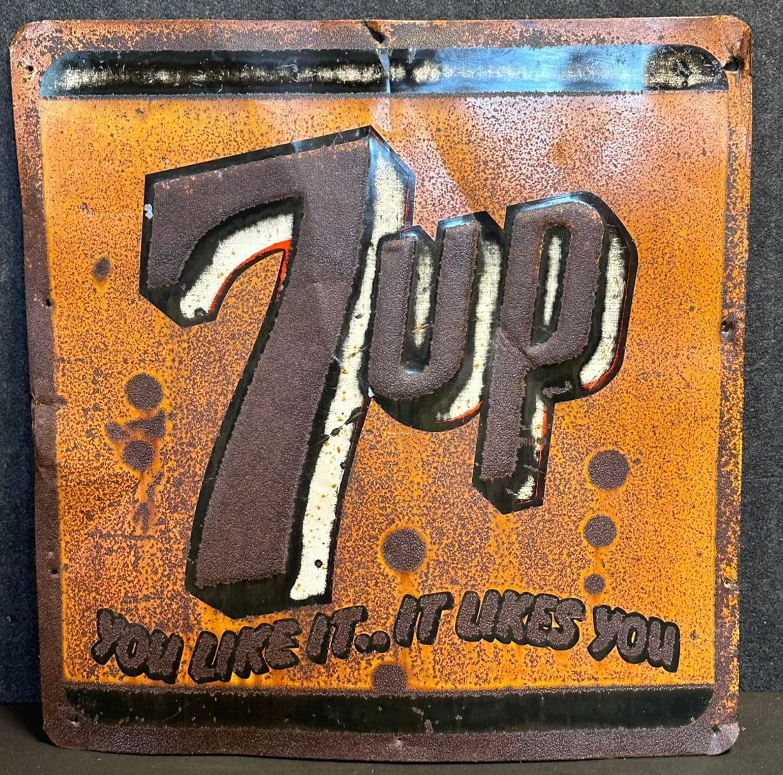 7up It Likes You Embossed Tin Metal Soda Pop Advertising Sign (1 of 7)
