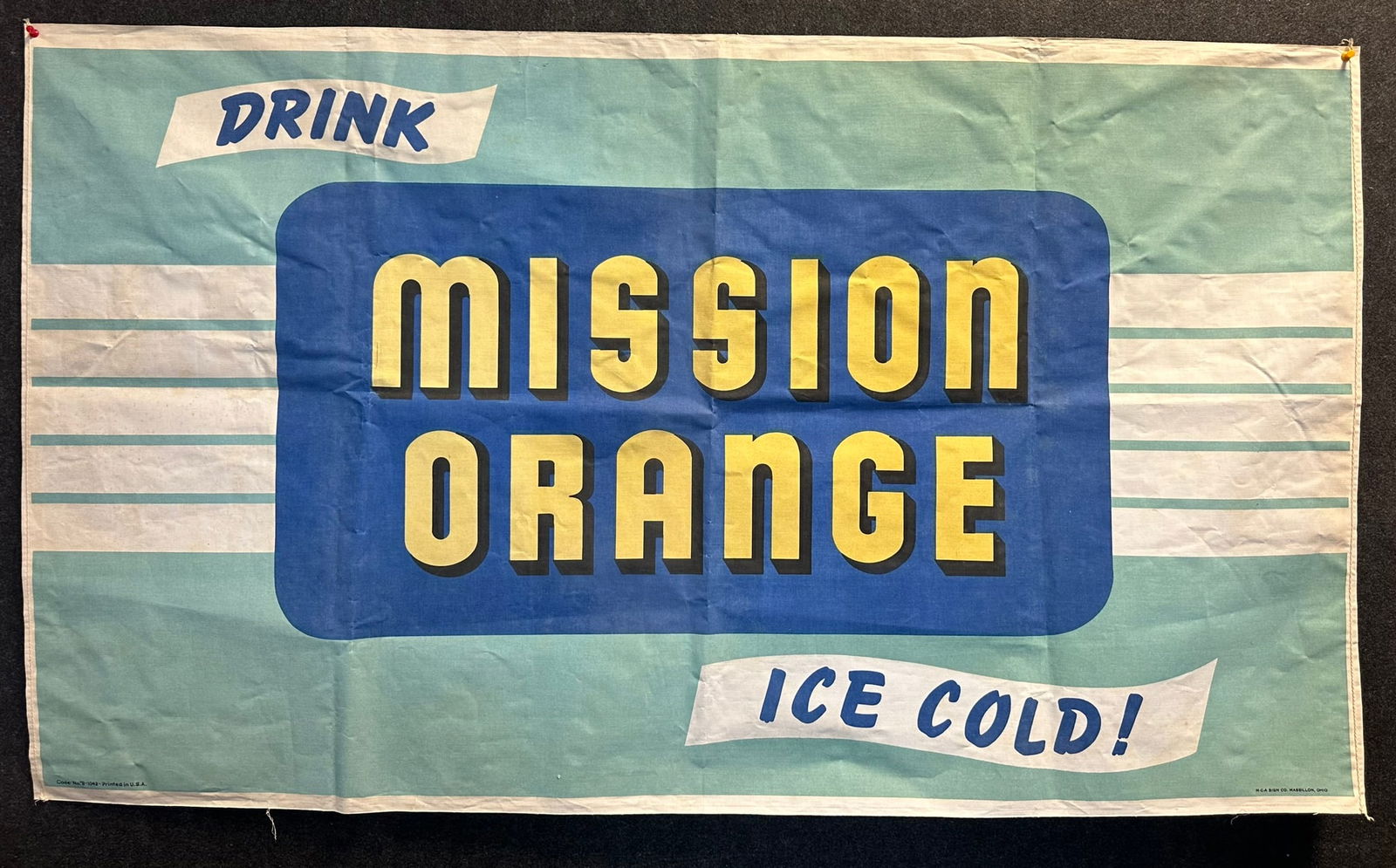 Drink Ice Cold Mission Orange 1940s Canvas Soda Pop Advertising Cloth Banner Sign (1 of 7)
