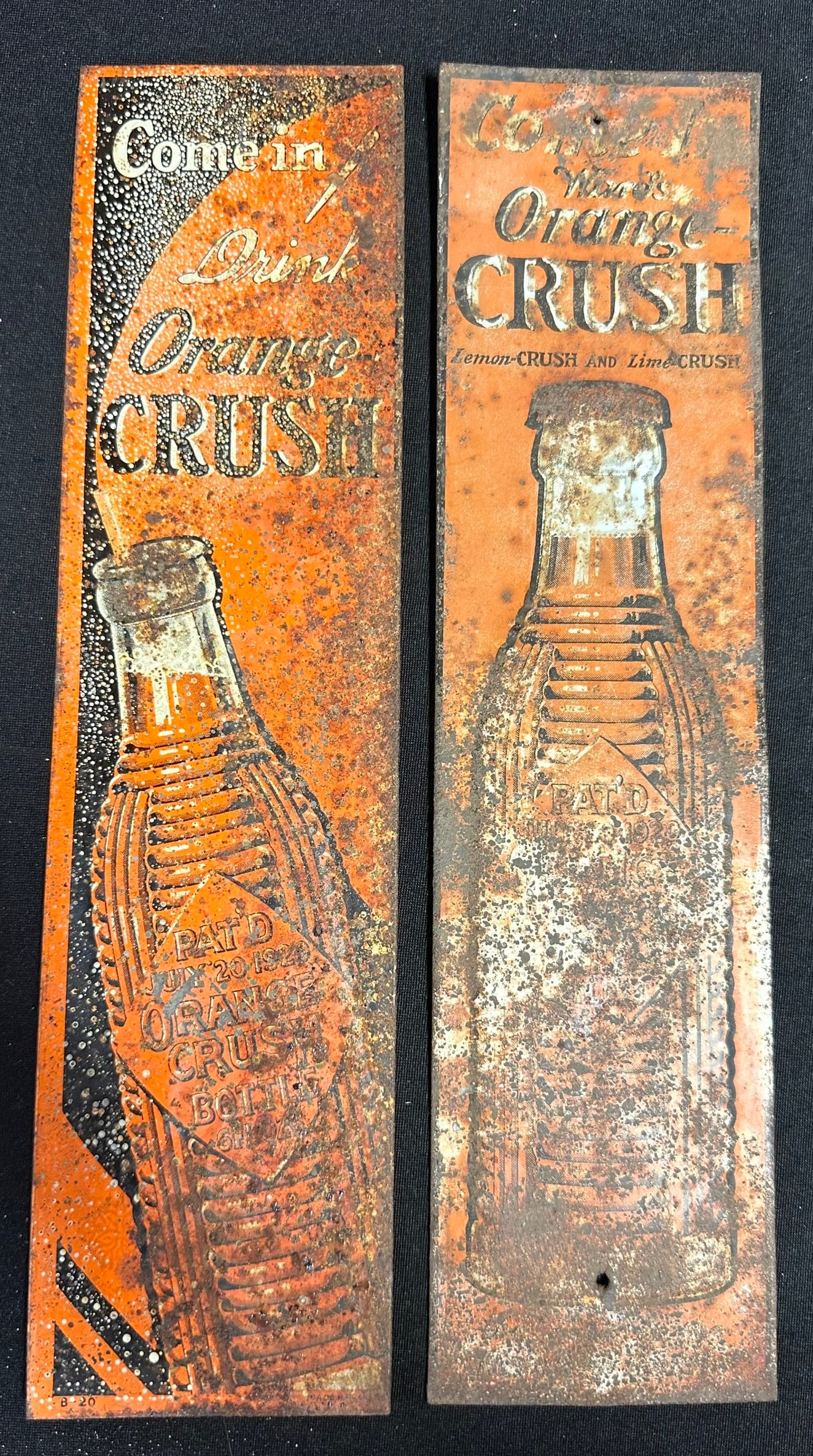 Pair Orange Crush 1920s-30s Soda Pop Embossed Advertising Door Push Tin Metal Signs (1 of 8)