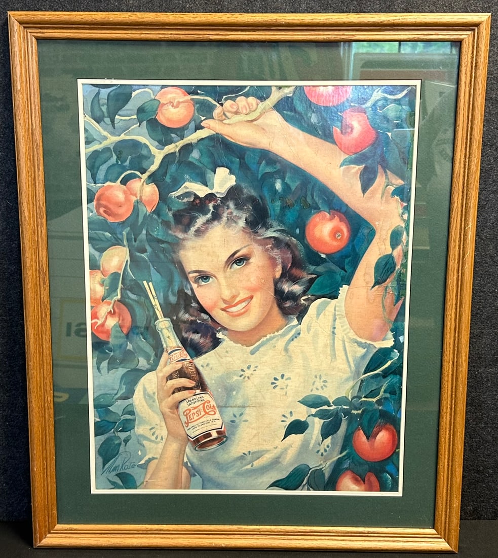 Pepsi Cola 1930s Double Dot Cardboard Advertising Sign w/ Lady & Paper Lable Bottle in Apple Orchard (1 of 8)