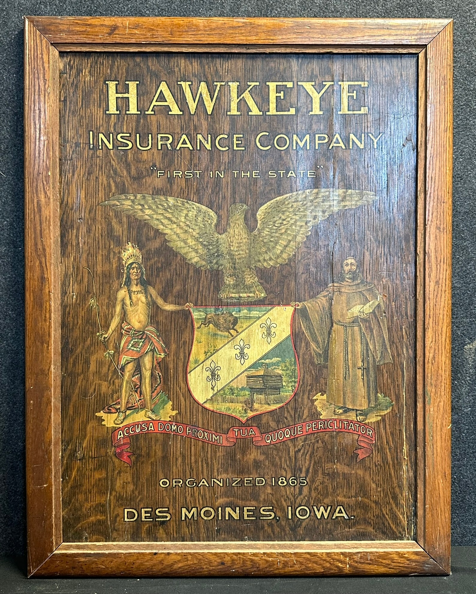 Hawkeye Insurance Company Des Moines Iowa Painted Wooden Advertising Sign w/ Native American, Eagle (1 of 6)