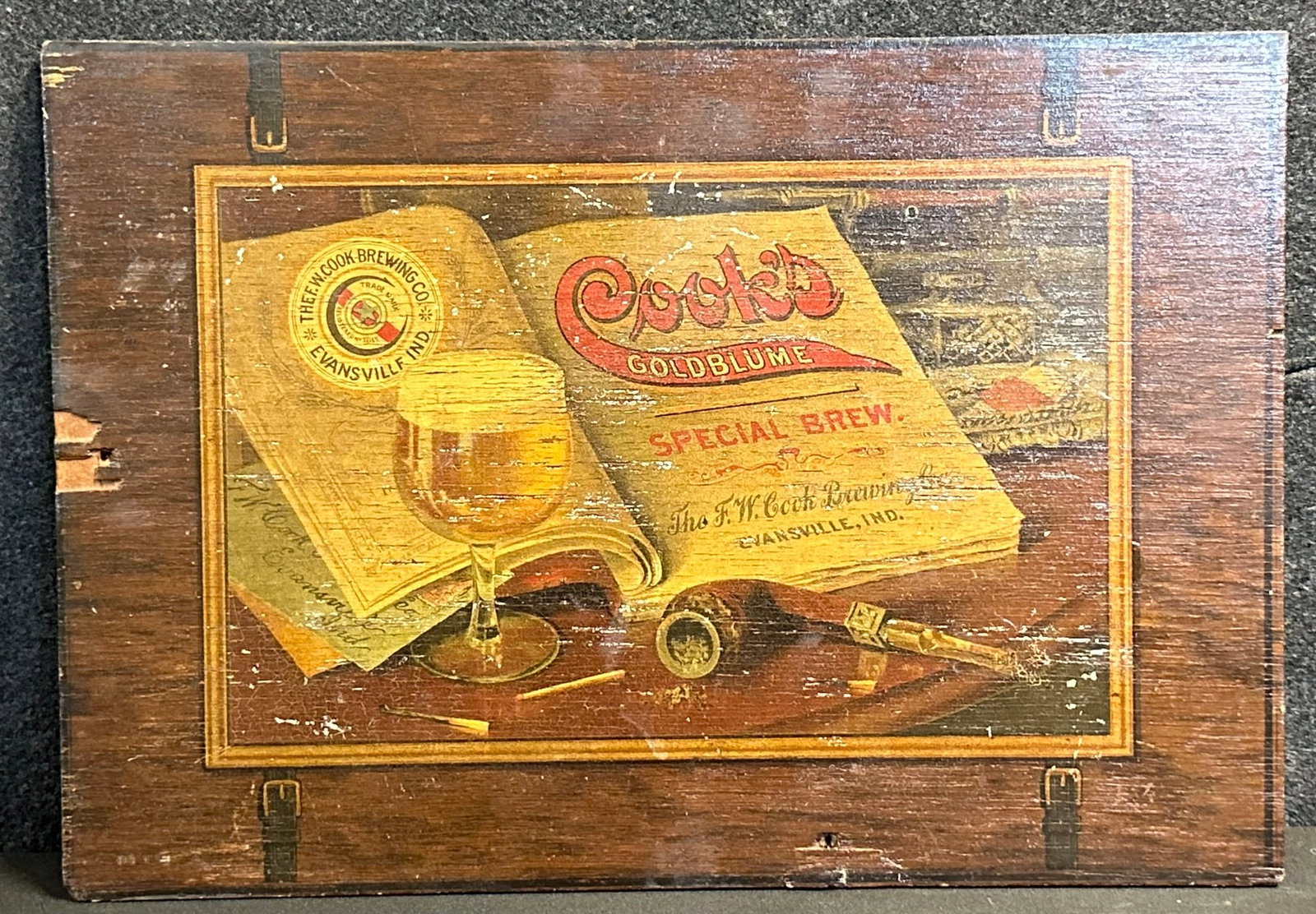 Cooks Goldblume 1920s Woodn Lithograph Beer Advertising Evansville Indiana Sign: 20" x 14"