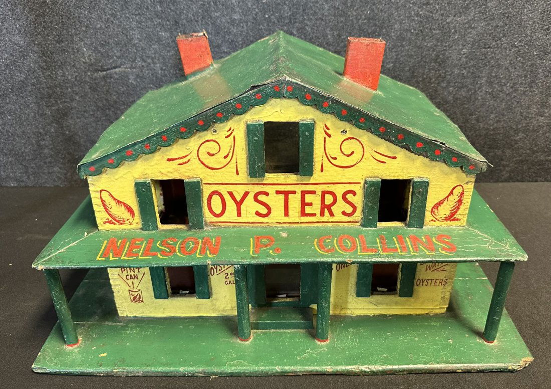 Nelson P Collins Oyster Shack Folk Art Restaurant Hand Painted Advertising House Franklin City: 19.75" x 15" x 12" tall - absolutely incredible detail, with original paint, tin roof and chimney, wooden construction overall.