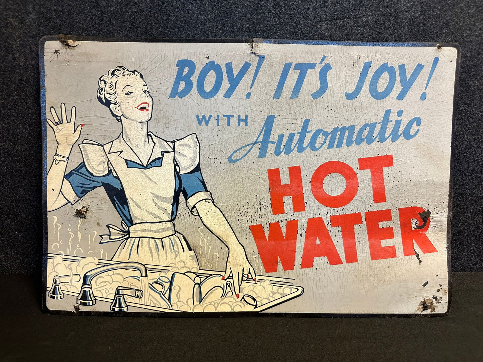 Early 1940s BOY ITS JOY w/ Automatic Hot Water Advertising Kitchen Sink w/ Dishes Fiberboard Sign (1 of 8)