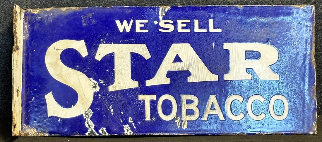 Star Tobacco Early 1920s Double Sided Porcelain Avertising Flange Sign: 18" x 8" - obvious chips