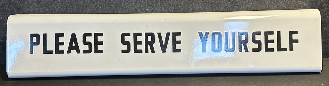 Please Serve Yourself Porcelain 1920s Refrigerator Topper Advertising Cooler Sign: 53" x 11" x 5" top x 1.75" base