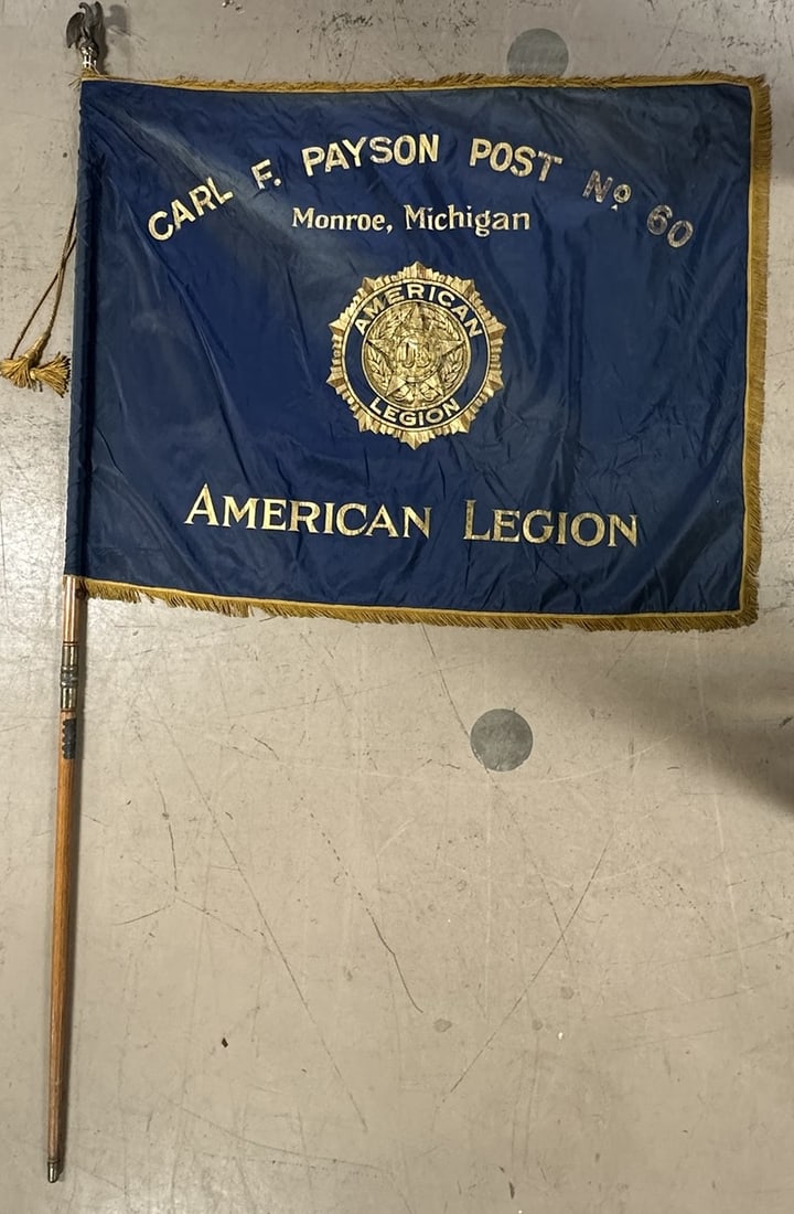 American Legion Monroe Michigan 1920s-30s Flag & Staff Carl R Payson Post No 60: Flag is 53" x 66" - pole is a 2 piece 9.5' tall