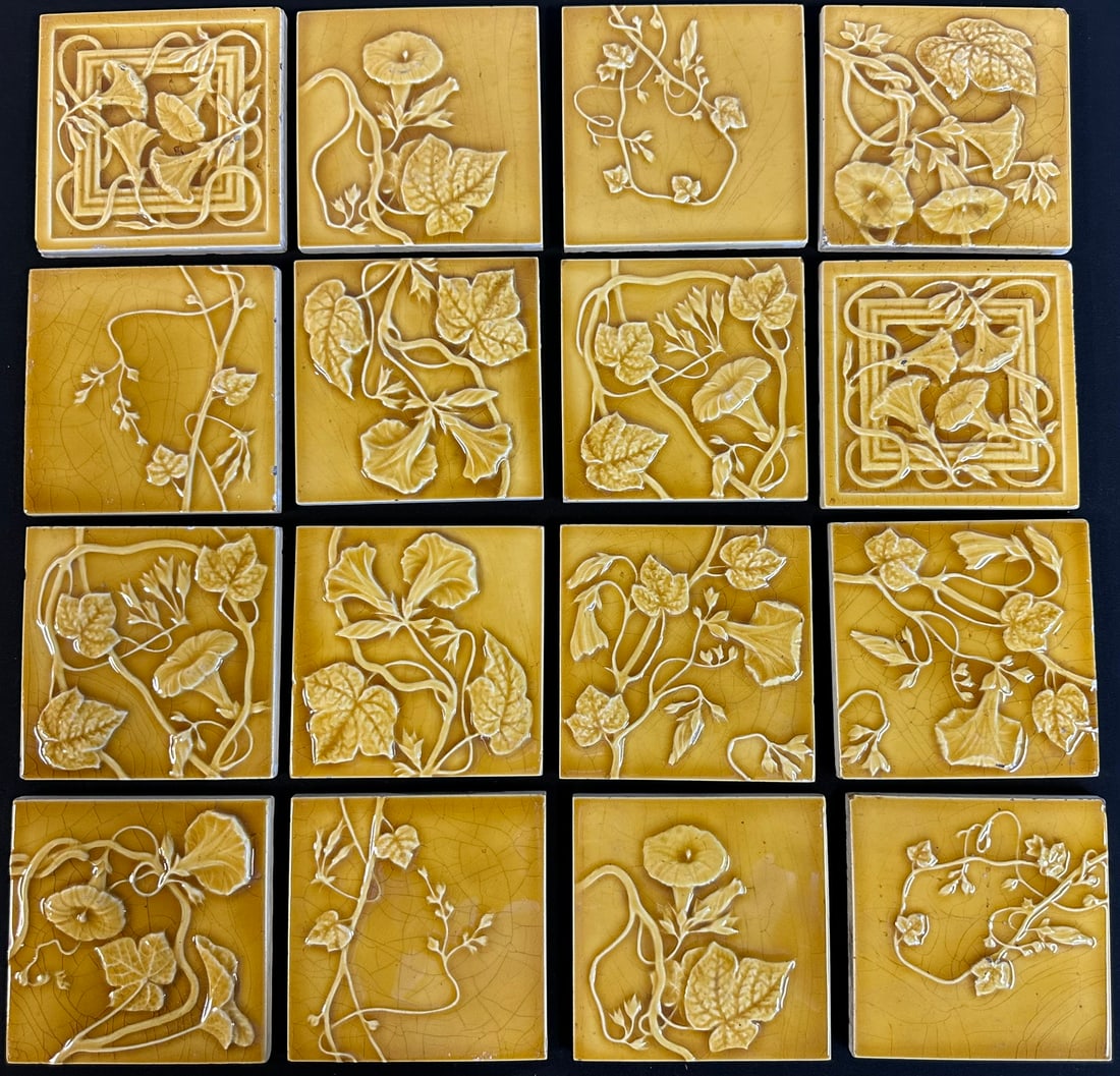 Antique Lot 16 6" Square Trent Majolica Amber Yellow Fireplace Mantle Floral Tiles (1 of 15)