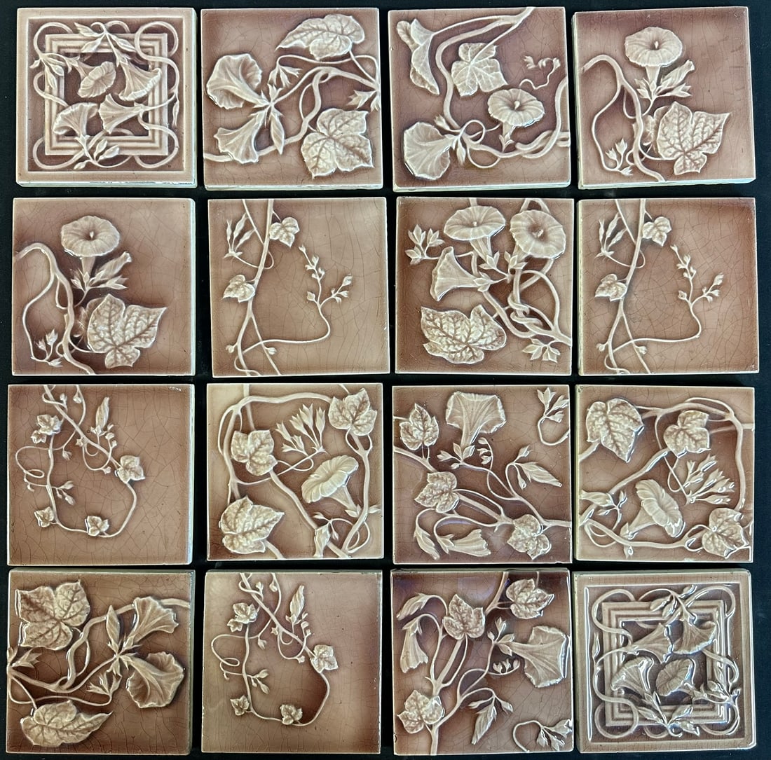 Antique Lot 16 6" Square Trent Fancy Pink Majolica Fireplace Mantle Floral Tiles (1 of 11)