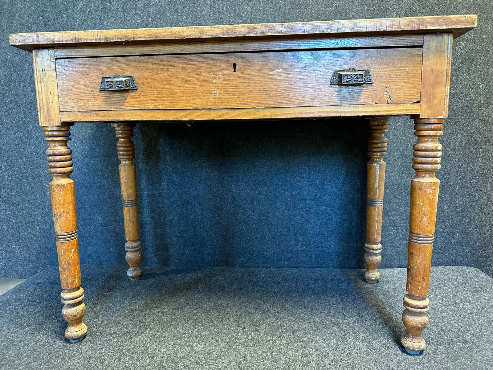 Wonderful Late 1800s Single Drawer Wooden Desk w/ Great Turned Legs & Eastlake Handles (1 of 11)