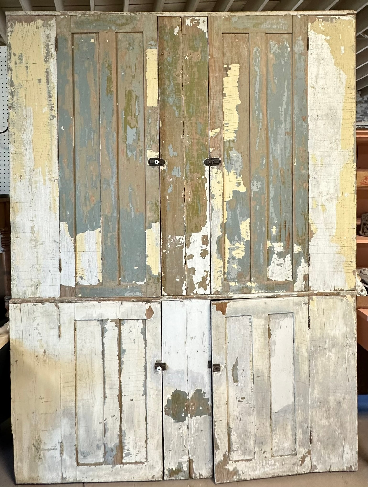 Incredible Late 1880s 4 Door Built In Cupboard w/ Blue Green White Painted Surface (1 of 16)