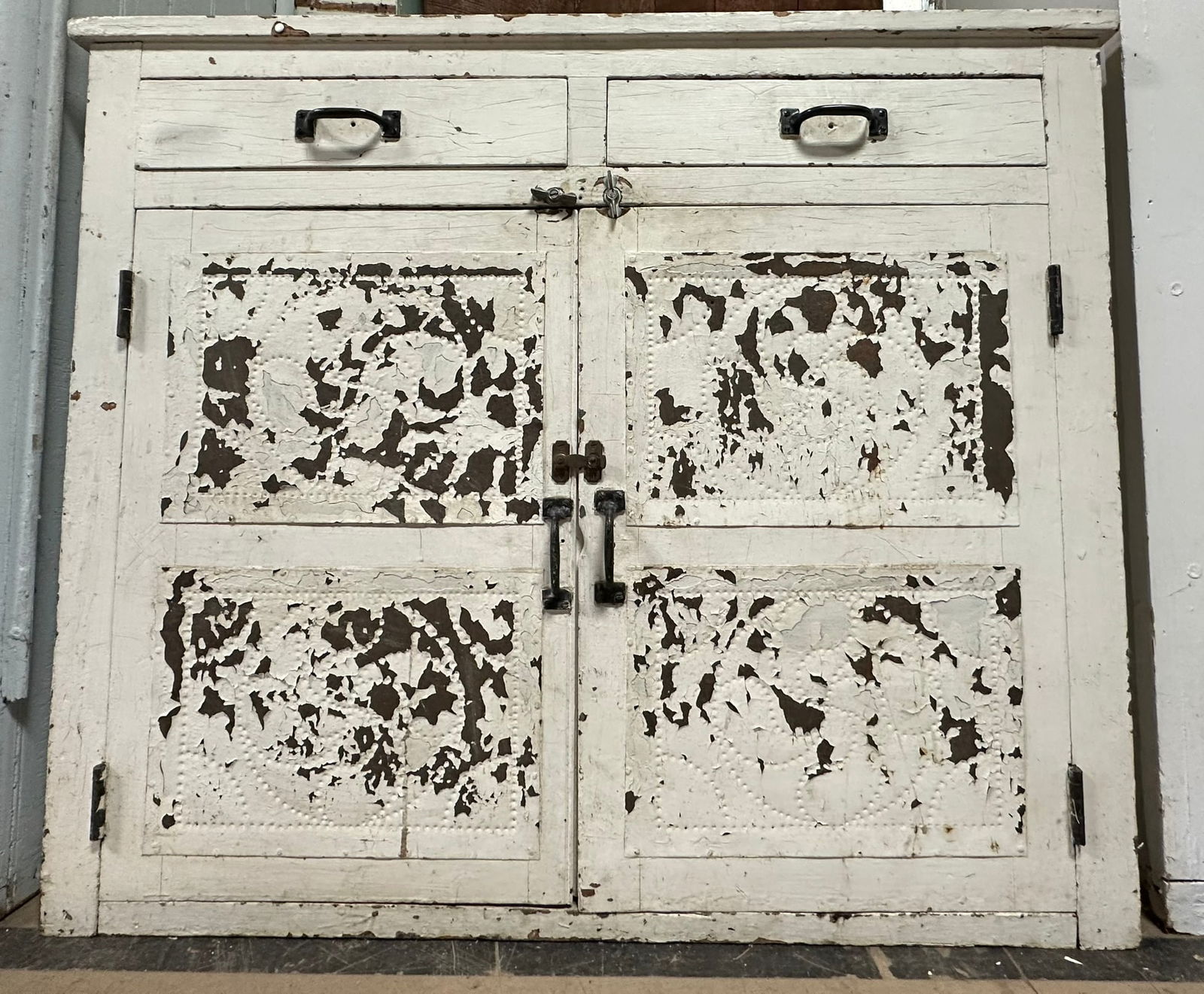 Antique Late 1880s White Painted Pie Safe w/ Punched Tins & 2 Drawers (1 of 13)