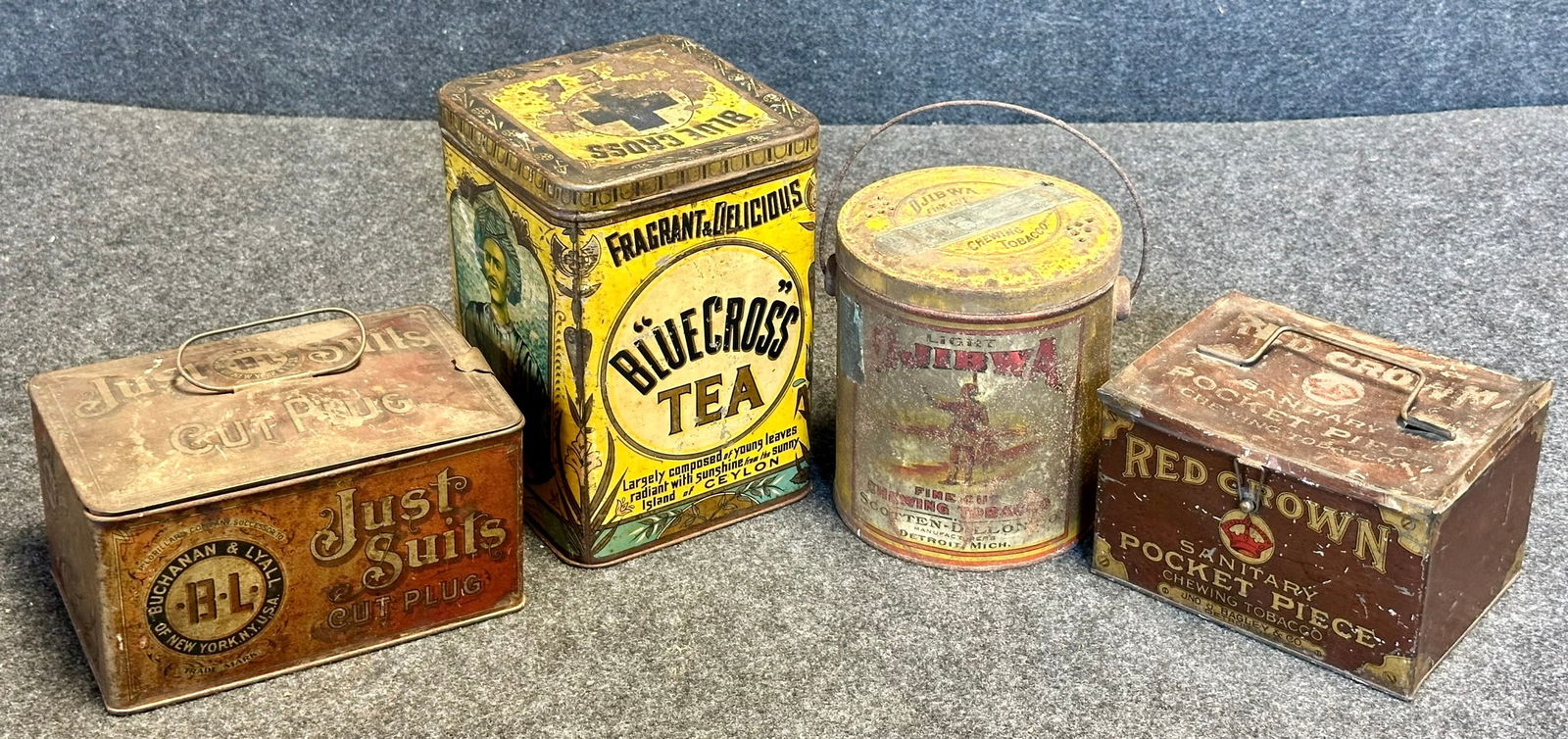 Lot of 4 Original Advertising Tins: Ojibwa, Red Crown & Just Suits Tobacco Cut Plug and Blue Cross (1 of 13)
