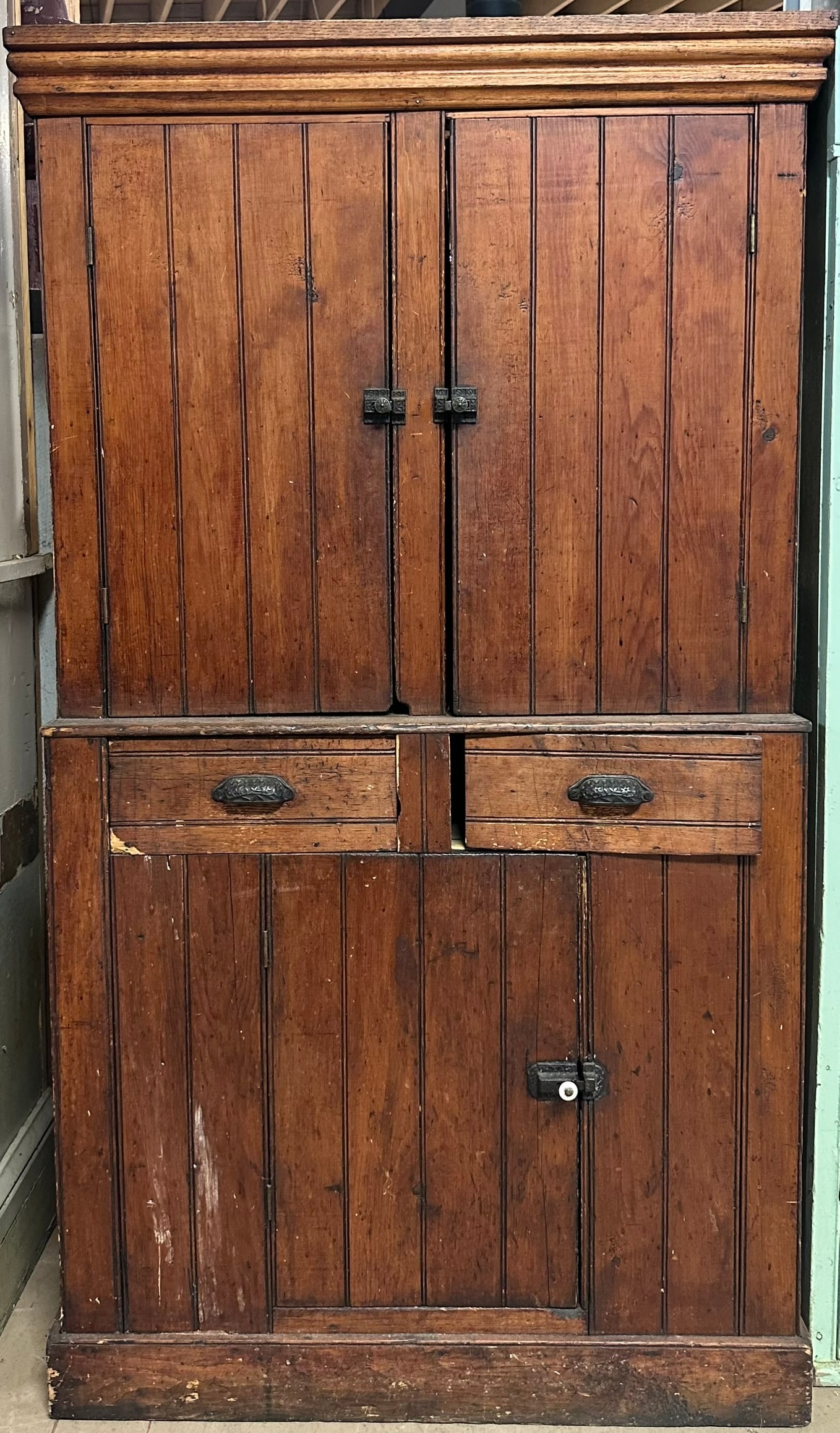 Original Beadboard Primitive 3 Door 2 Drawer Oak Eastlake Victorian Cupboard (1 of 15)