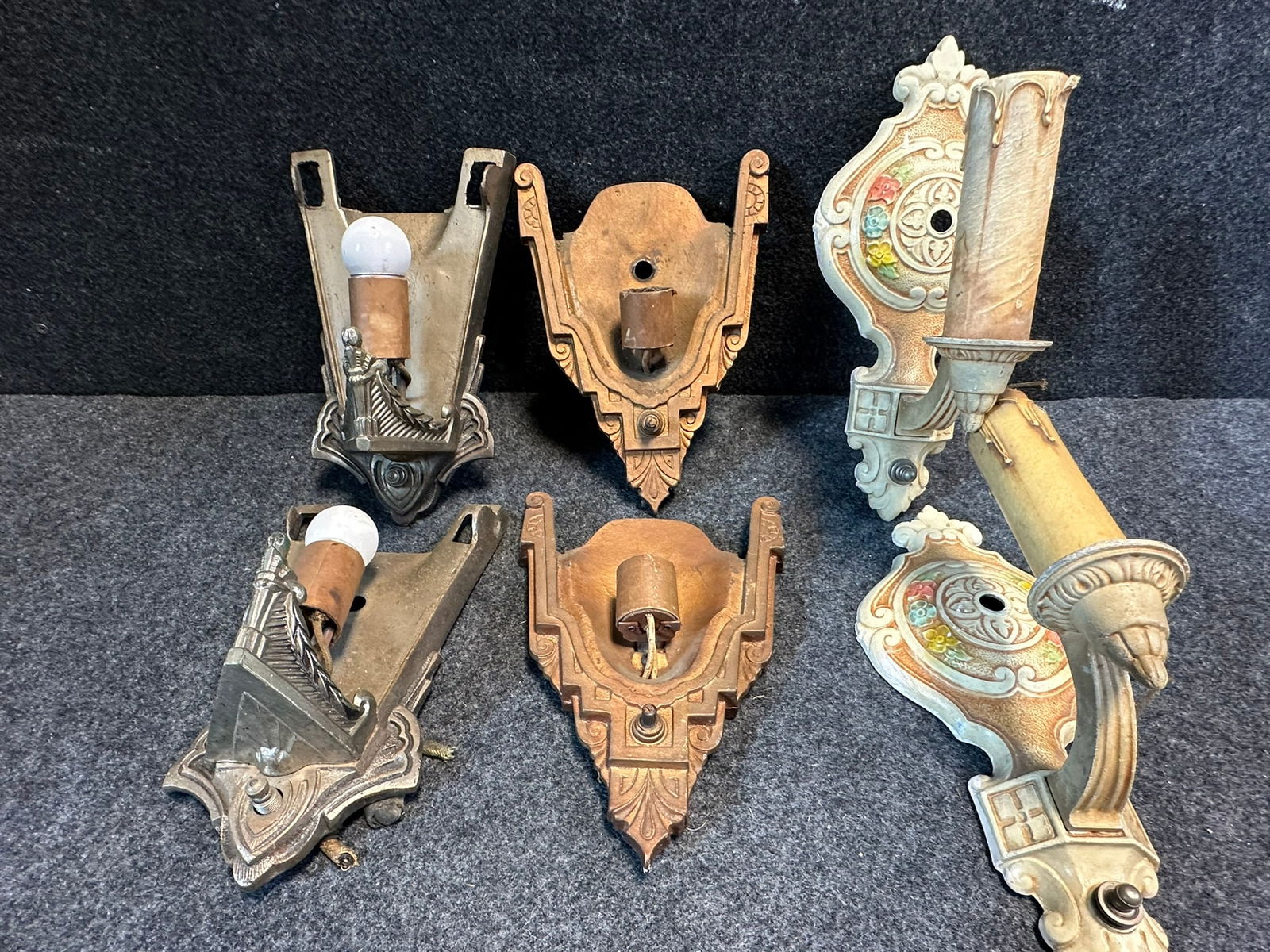 Lot 3 Pairs Ornate Early 1900s Wall Mount Slip Glass Shade Sconces (1 of 7)