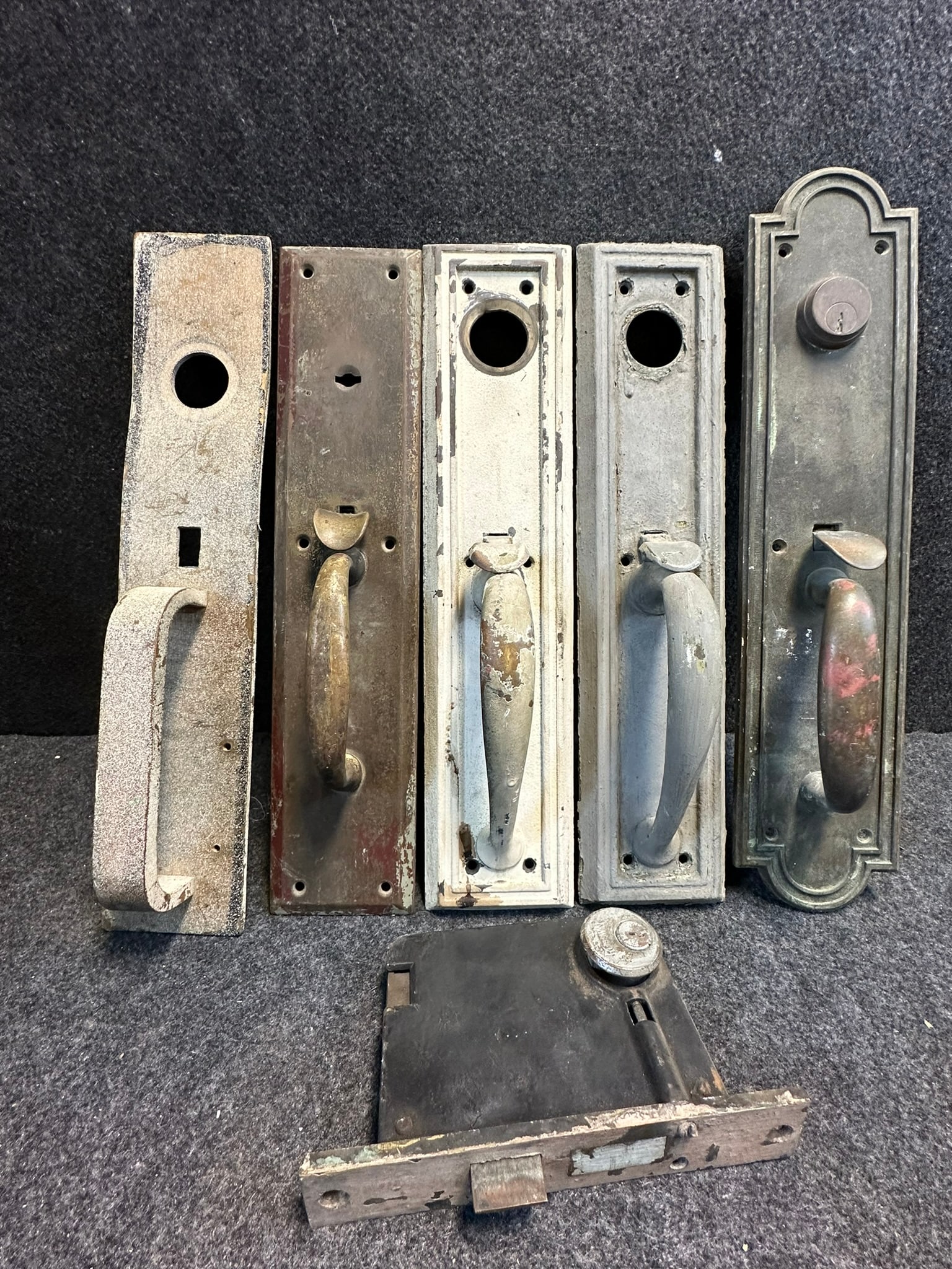 Large Lot 5 Incredible Solid Brass Turn Of The Century 15" Door Handles & Lock (1 of 8)