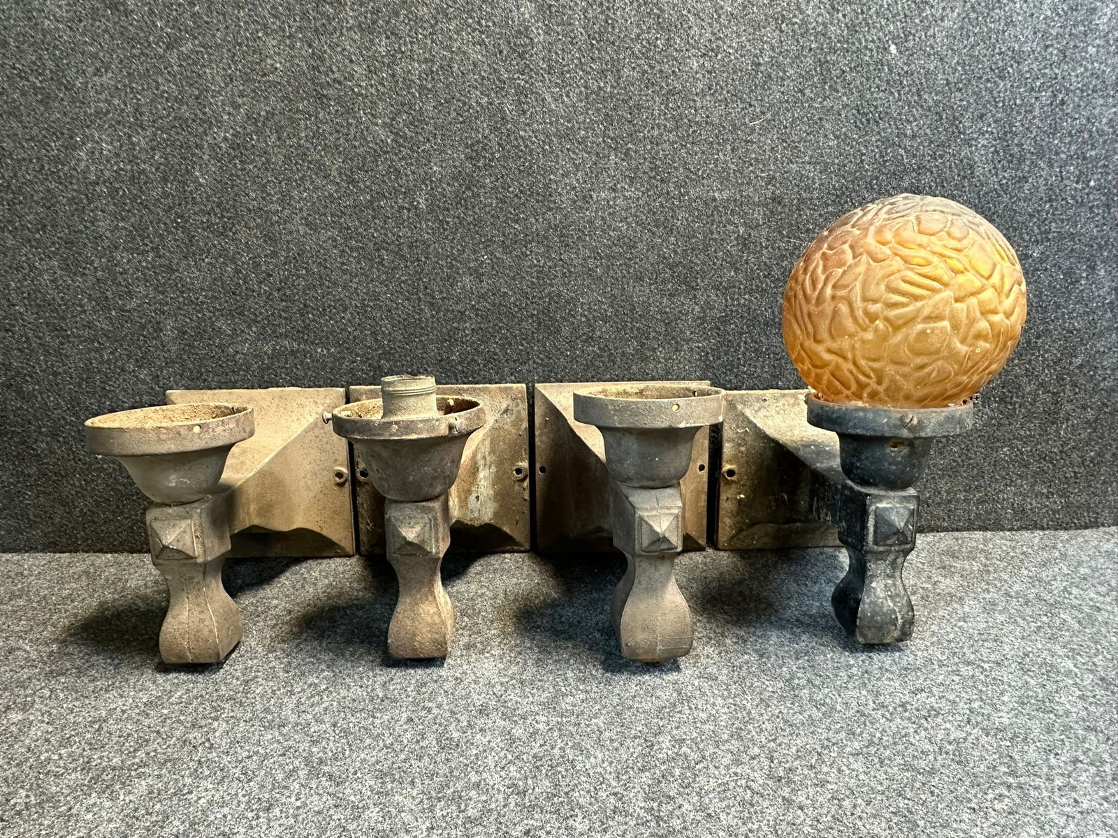 Lot 4 Incredible Early 1900s Heavy Cast Iron Exterior Wall Sconce Lights w/ Rippled Amber Shade (1 of 9)