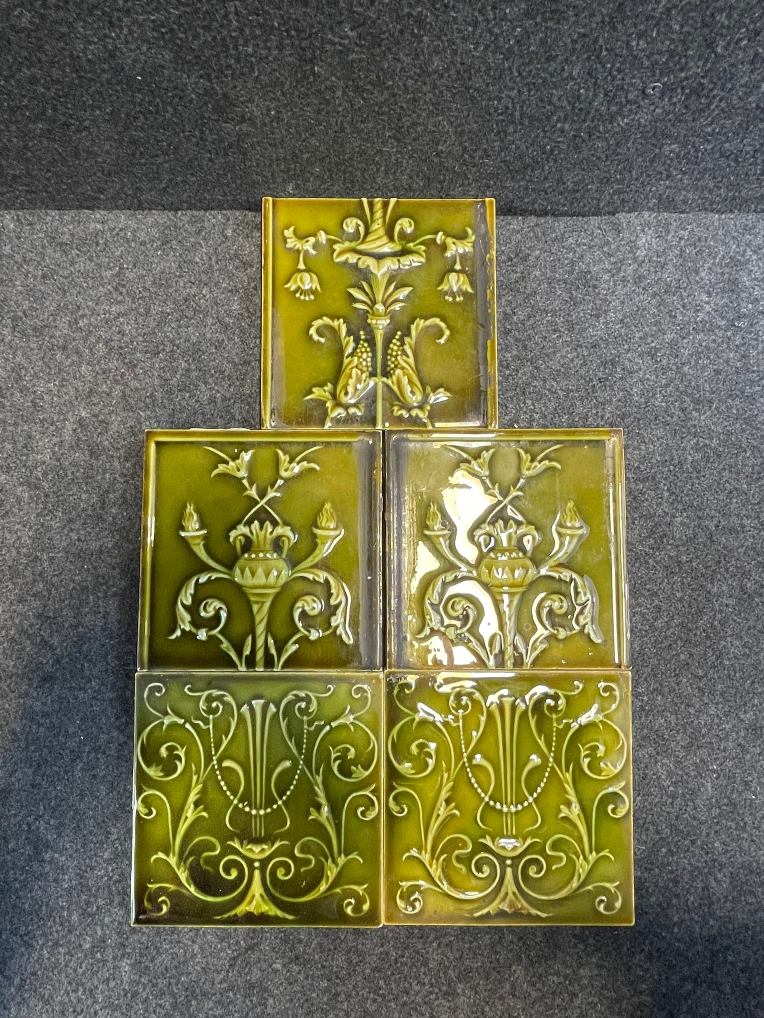 Antique Victorian Era 1870s Lot 5 Wonderful 6" x 6" Majolica Floral & Urn Motif Tiles (1 of 5)