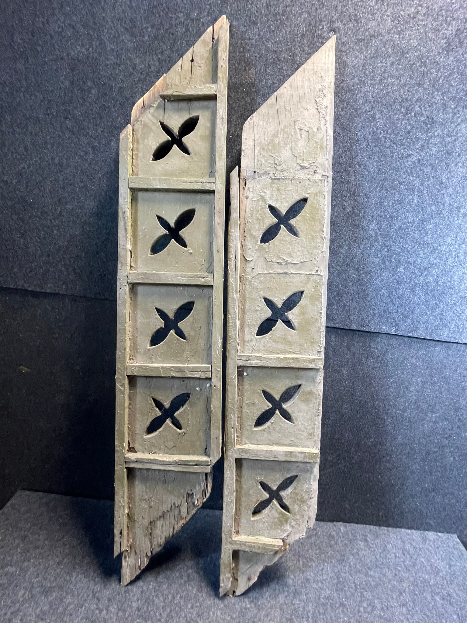 Antique Original Pair Green Painted Architectural Fragments Roof Peak w/ Floral Cutouts: 51" x 2" x 9.25" - great original pair