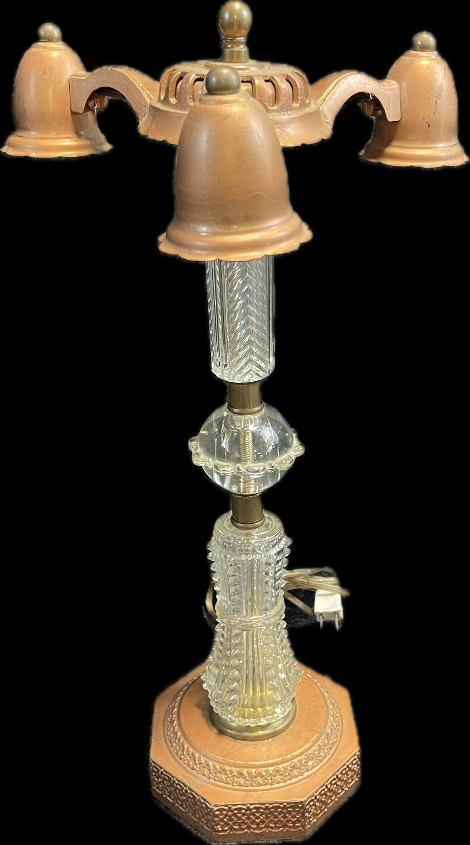 Early 1900s Cut Crystal & Ornate Cast Metal 3 Bulb 20" Table Lamp (1 of 7)