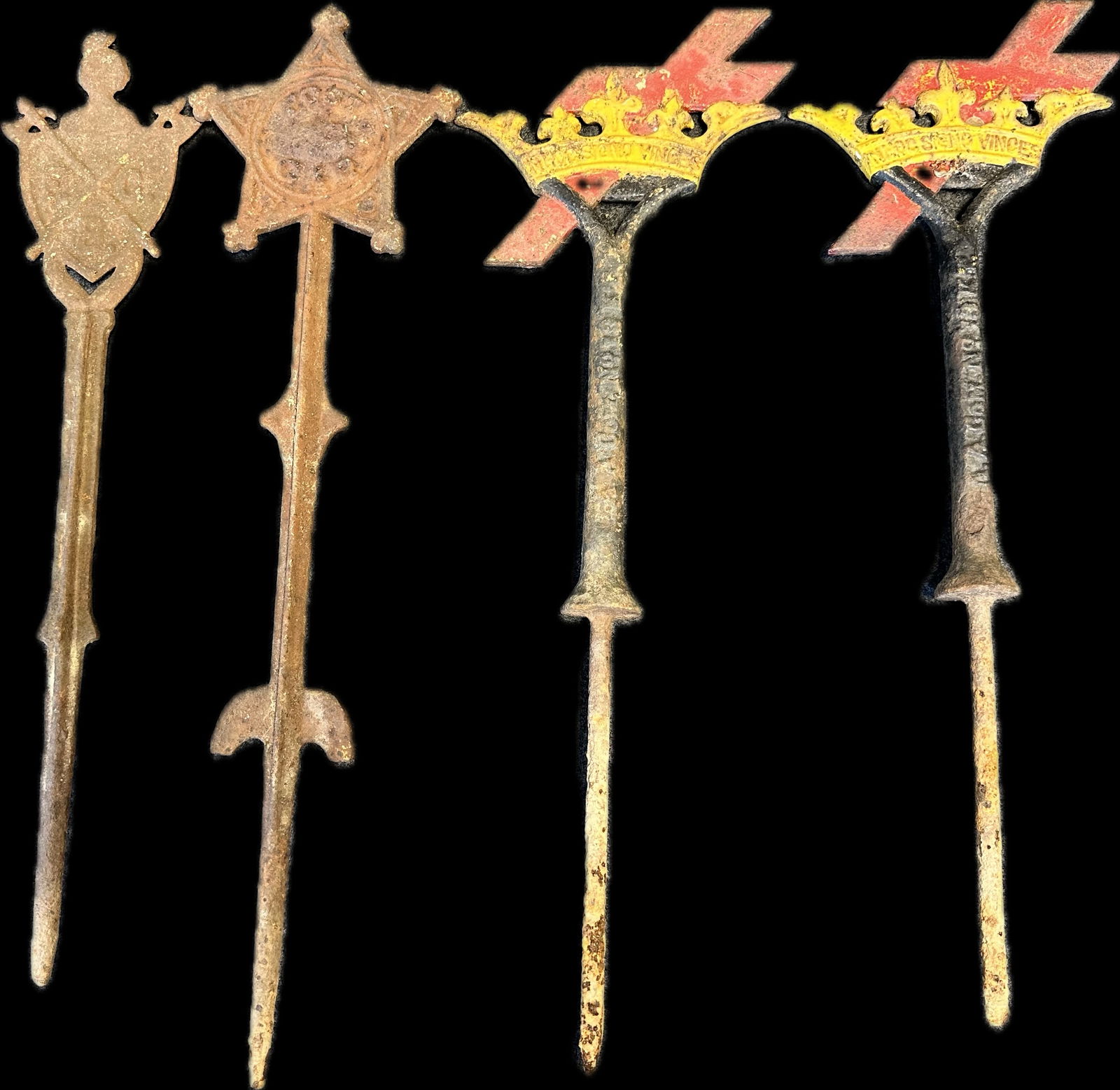 Lot of 4 19th Century Cast Iron War Related Grave Markers F.C.B., Knights Templar & G.A.R.: Largest Pair 26.25"x9" Smallest 23.5"x5.25" - incredible lot of four original cast iron grave markers