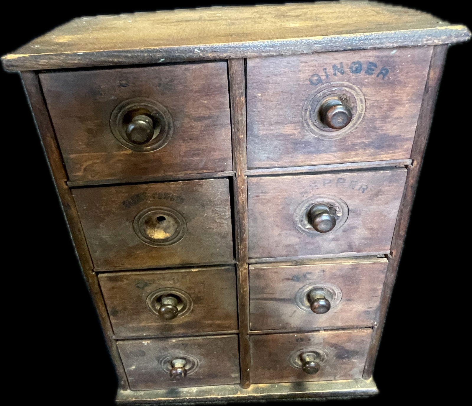 Early 1900s 8 Drawer Wooden Spice Cabinet w/ Stenciled Names (1 of 7)