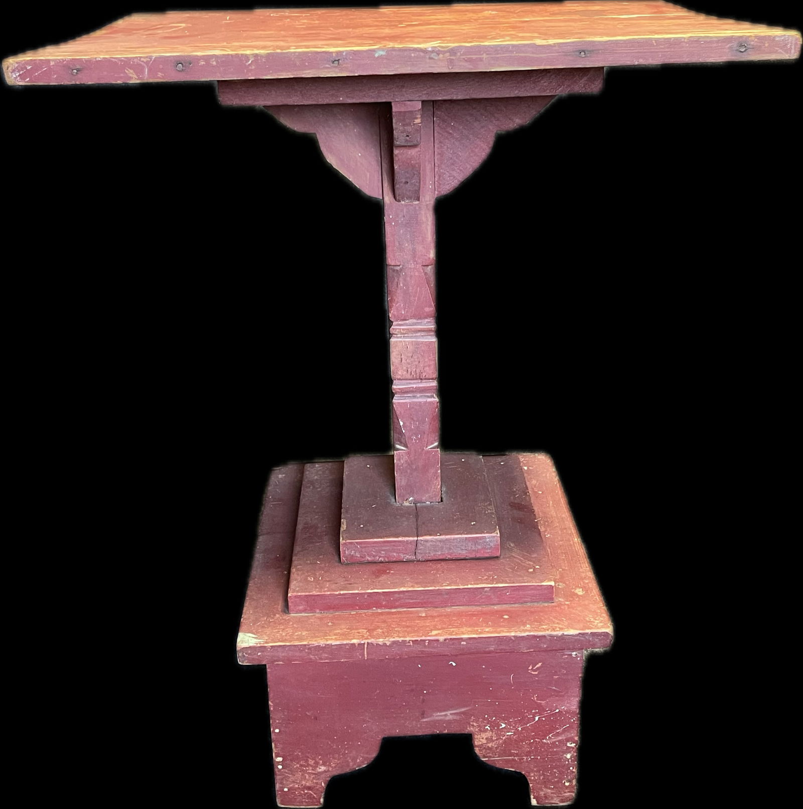 Wonderful Folk Art Ornate Red Painted Wooden Plant Stand w/ Carved Post (1 of 8)