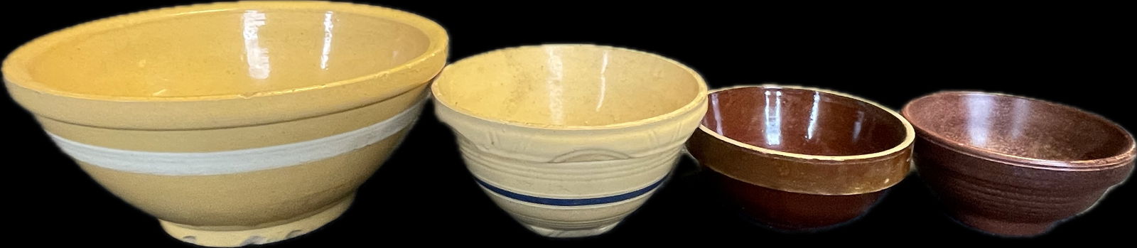 Lot 4 Early 1900s Original Graduated Stoneware Bowls in Yellow & Redware: Varying sizes and conditions. 6.5" to 12"
