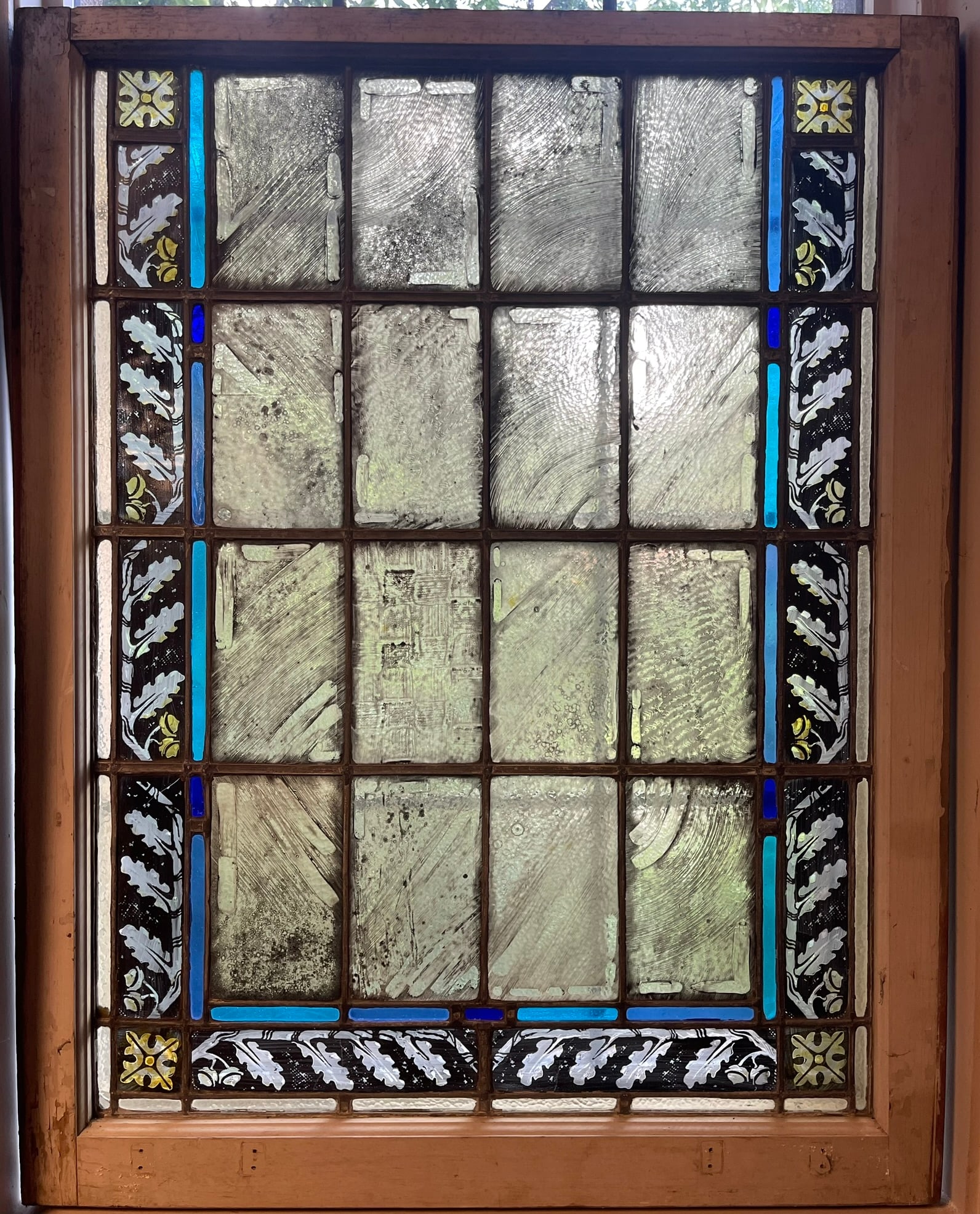 Wonderful Oak Leaf Patterned 44" Tall Original Church Stained Glass Window: 44" x 34.5" - matches lot A