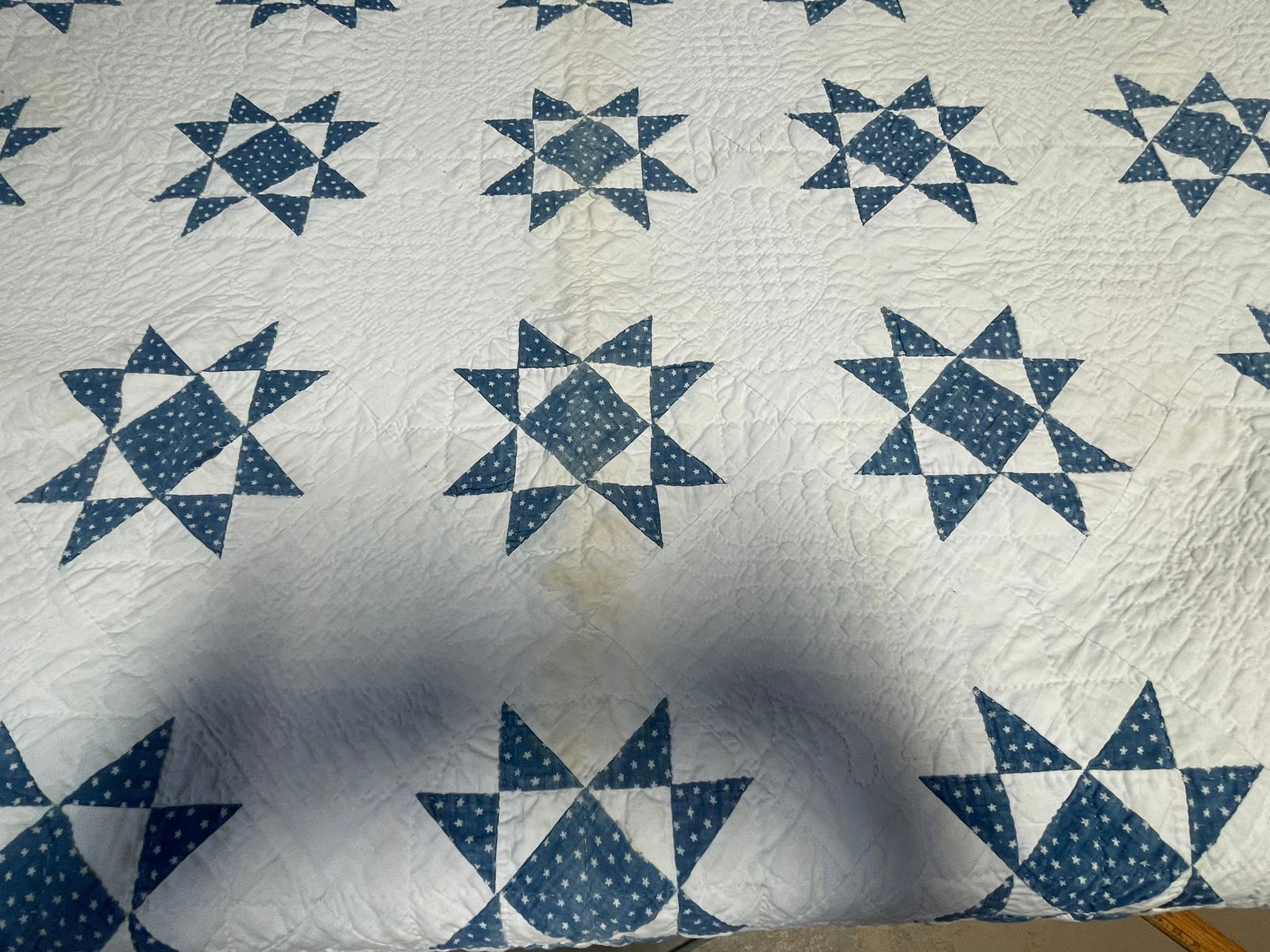 Antique LeMoyne 8 Point Star White & Blue Calico Ornate Quilt 80" x 72" (1 of 7)