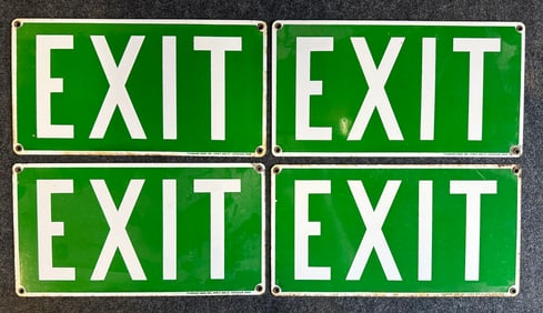 Lot of 4 Early Porcelain Enamel 15" 1940s Green Exit Signs