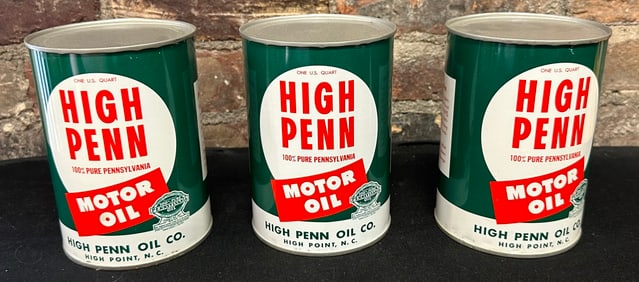 Lot of 3 High Penn Motor Oil Quart North Carolina Tin Cans EX+ Condition