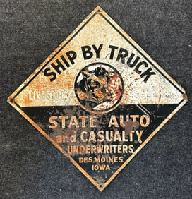 Vtg 1940s State Auto &  Casualty Underwriters Tin Advertising Sign w/ Cow Bull