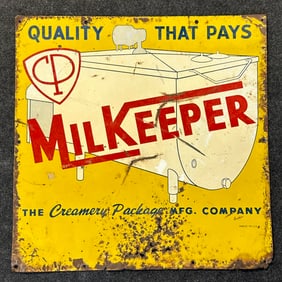 Antique 1930s Creamery Milkeeper Tin Sign w/ Farm Tank Graphics