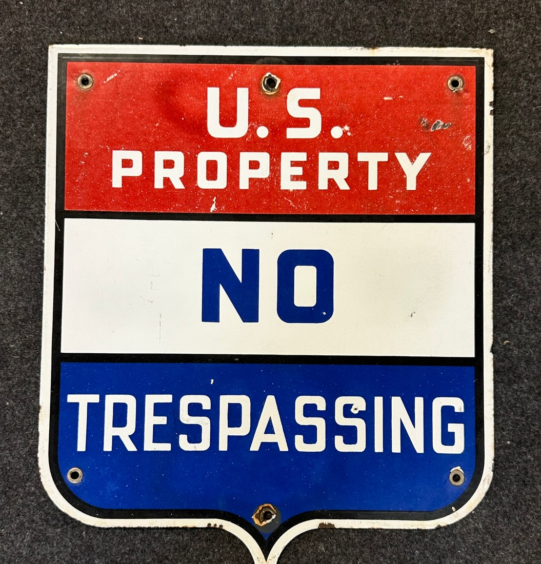 Vintage 40s 50s U.S. Property No Trespassing Heavy Porcelain Enamel Sign: 12" x 14"