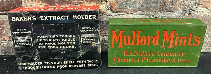 Pair Vintage Tin 1930s General Store Displays Baker's Extracts & Mulford Mints