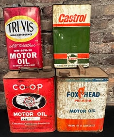 Lot of 4 Oil 1 Gallon & 2 Gallon Cans Castrol, Co-Op, Fox Head, Tri Vis