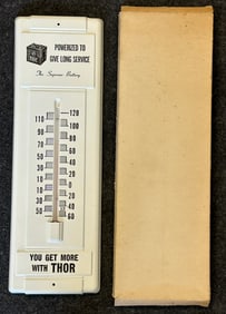 NOS 1950s-60s THOR Car Battery Tin Thermometer w/ Original Shipping Box