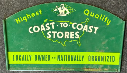 Vintage 1957 Coast To Coast Double Sided Rack Topper Metal Advertising Sign
