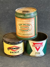 Vintage Lot 3 25 Lb & 5 Gallon Cans New England Alcohol Co., Diamond Grease, & Conoco Gear Lubricant