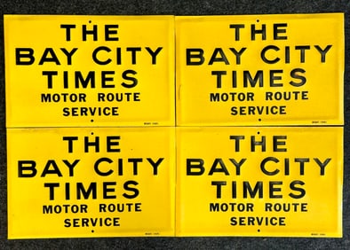 Lot of (4) Vintage The Bay City Times Motor Route Service Signs w/ Reflective Paint