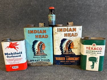 Lot 5 Vintage 30s-40s-50s Advertising  Oil Cans Indian Head, Mobil & Texaco