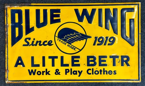 Antique Ca. 1920s-30s Blue Wing Work & Play Clothes Embossed Metal Sign