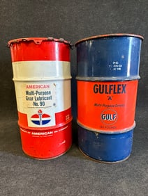 Pair Vintage 50s-60s American Oil Co.Gear Lube & Gulf Grease Barrels 100lb