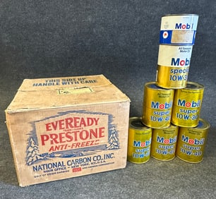Assortment of (7) NOS Mobil Oil Cans & Empty Eveready Prestone Box
