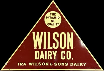 NOS Ca. 1930s Wilson Dairy Co. Triangular Painted Metal Advertising Sign