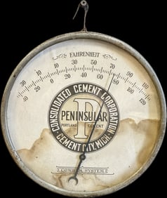 Rare Peninsular Portland Cement Metal Framed Thermometer