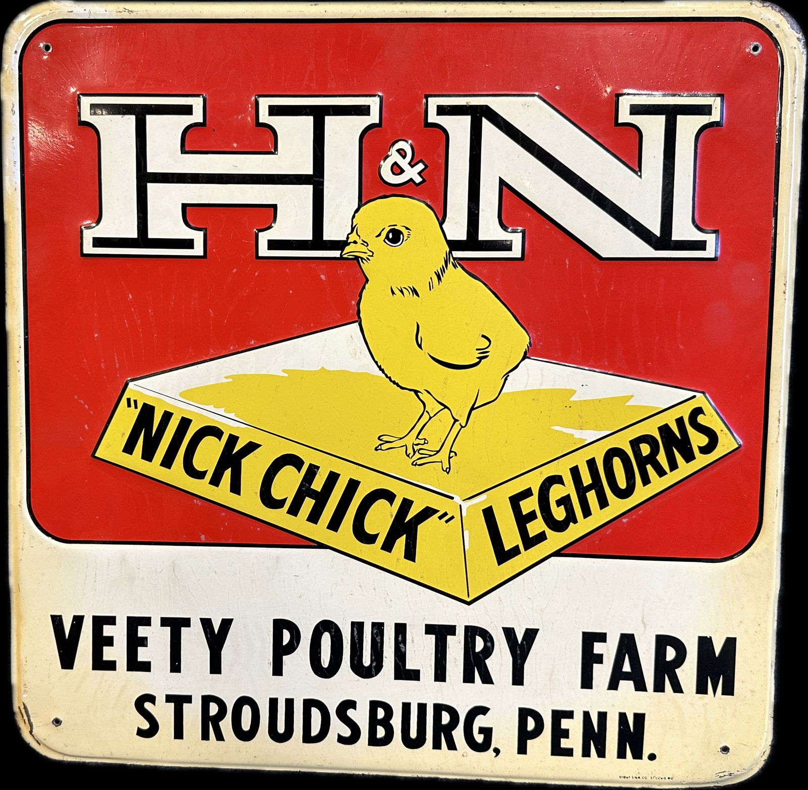 1950s H&N Nick Chick Leghorns Vetty Poultry Farm Stroudsburg, Penn Embossed Tin Sign (1 of 4)
