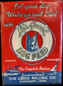 Vtg 1930s 40s Life Guard Dog Feed Embossed TOC Tin on Cardboard Sign The Ubiko Milling Co.